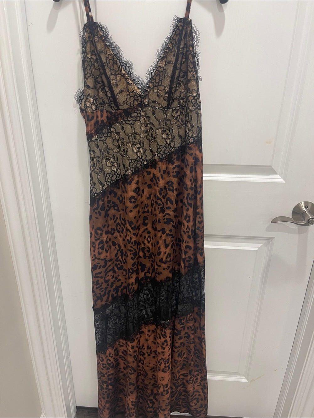 Lace Trim Leopard Slip Dress in Brown